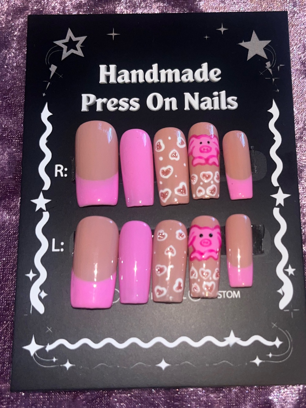 Handmade Pink and Nude Press-On Nails - Cute Heart & Bear Design